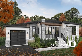 Version couleur no. 5 - Vue avant - Plan de maison contemporaine 2 chambres, garage, vestiaire, garde-manger et aire de vie à l'arrière - Camille 2