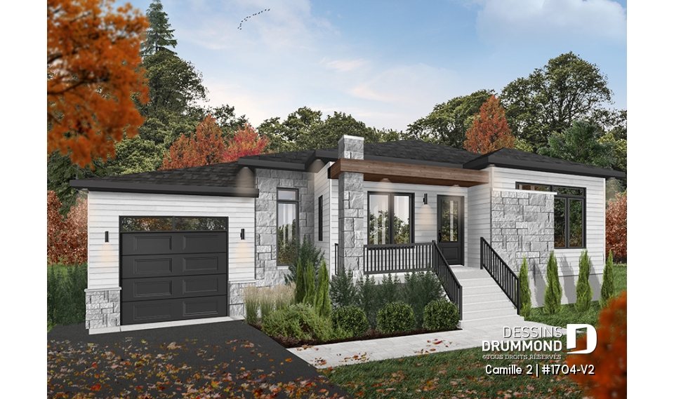 Version couleur no. 5 - Vue avant - Plan de maison contemporaine 2 chambres, garage, vestiaire, garde-manger et aire de vie à l'arrière - Camille 2