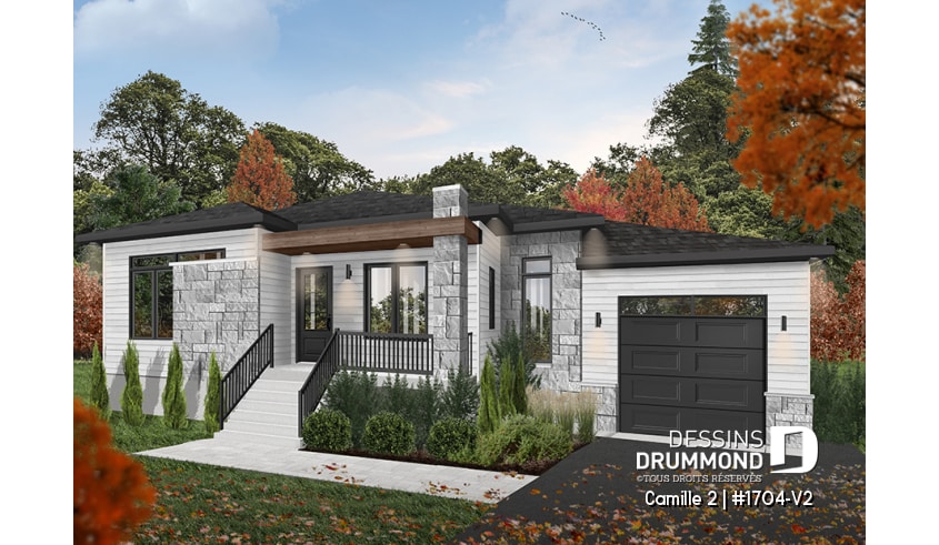Version couleur no. 5 - Vue avant - Plan de maison contemporaine 2 chambres, garage, vestiaire, garde-manger et aire de vie à l'arrière - Camille 2