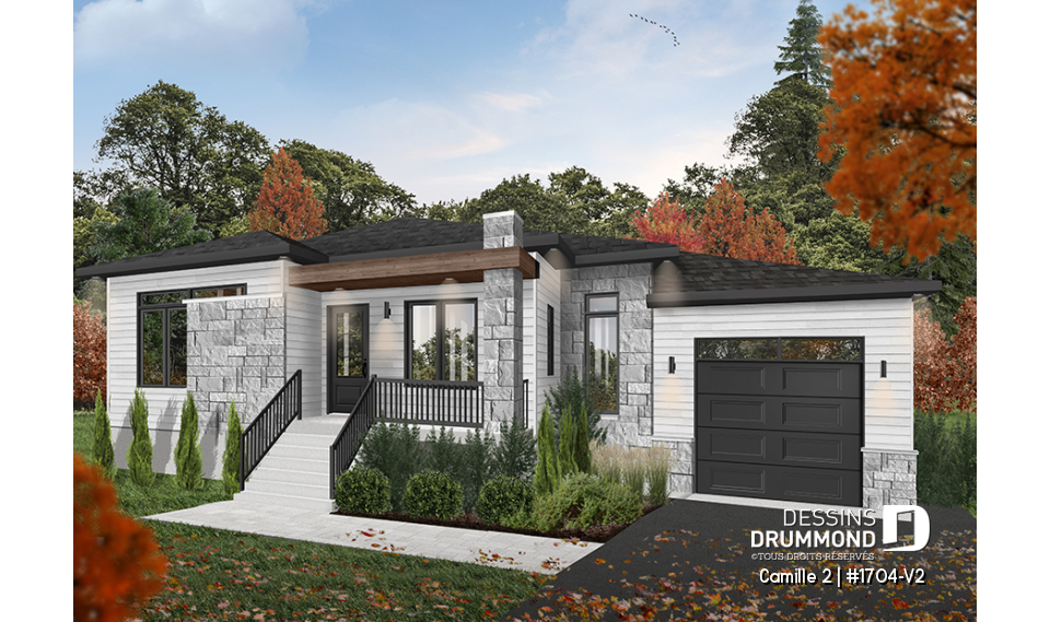 Version couleur no. 5 - Vue avant - Plan de maison contemporaine 2 chambres, garage, vestiaire, garde-manger et aire de vie à l'arrière - Camille 2