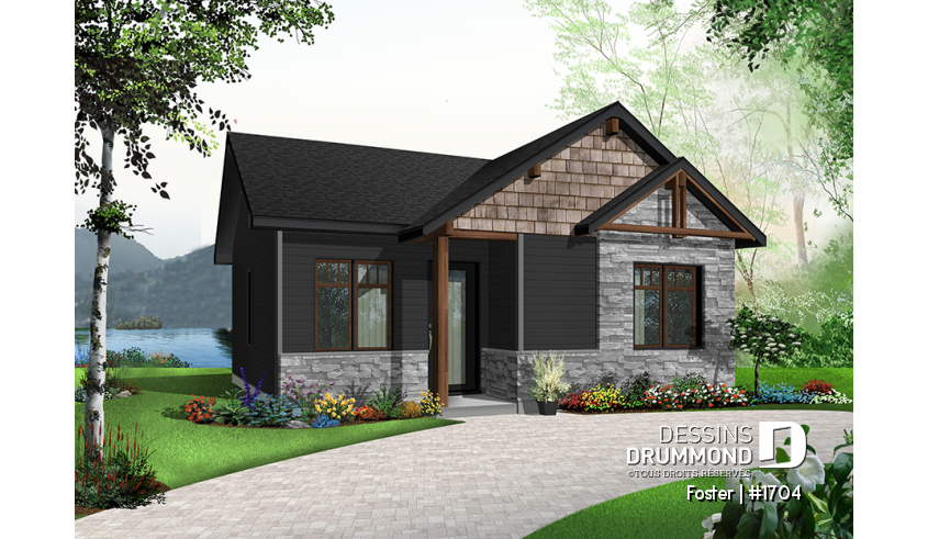 Version couleur no. 7 - Vue avant - Plan de mini-maison moderne, 2 chambres, construction abordable, buanderie, aire ouverte - Foster