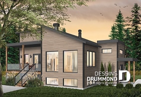 Version couleur no. 1 - Vue gauche - Plan de maison moderne, 1 grande chambre, fenestration abondante, grande cuisine avec îlot, balcon couvert - Billy