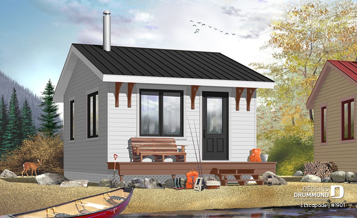 Vue avant - MODÈLE DE BASE - Plan de petit chalet 1 chambre, 1 salle de bain, versions isolée et non-isolée incluses au plan, poêle à bois - L'Escapade