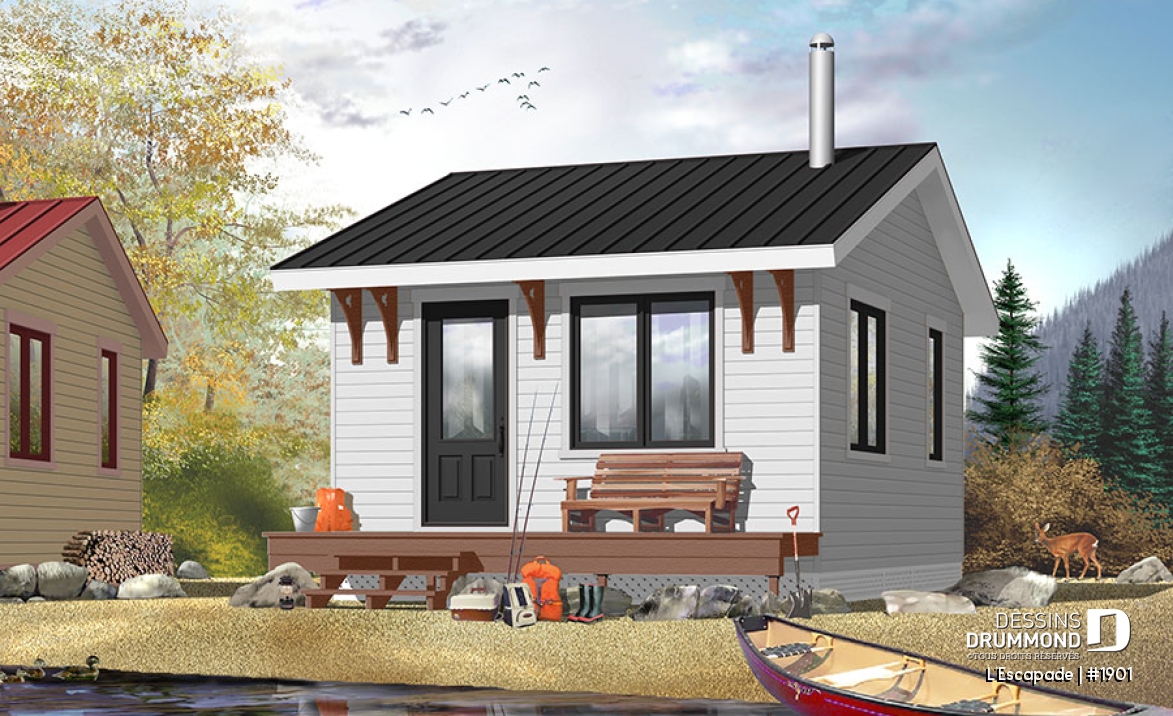 Vue avant - MODÈLE DE BASE - Plan de petit chalet 1 chambre, 1 salle de bain, versions isolée et non-isolée incluses au plan, poêle à bois - L'Escapade