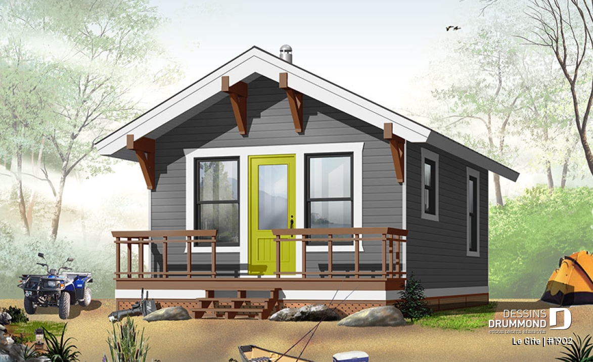 Vue avant - MODÈLE DE BASE - Plan de petit mini chalet 1 chambre, aire ouverte, économique, poêle à bois, petit balcon avant - Le Gîte