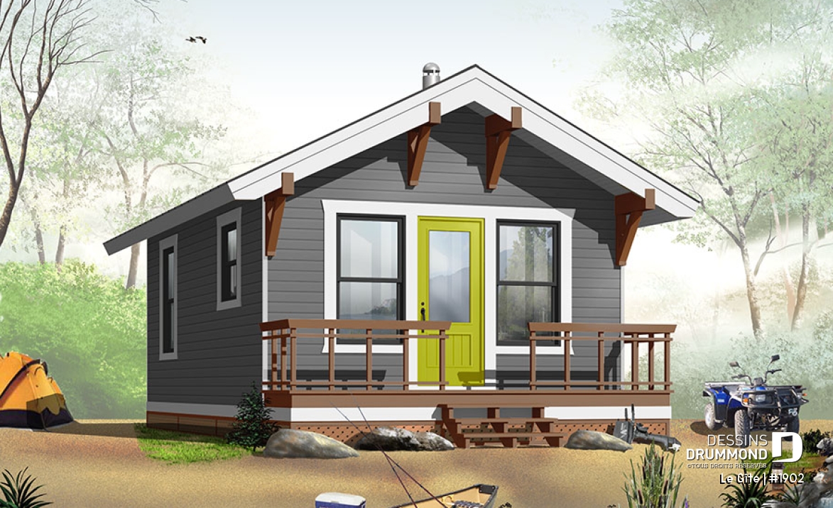 Vue avant - MODÈLE DE BASE - Plan de petit mini chalet 1 chambre, aire ouverte, économique, poêle à bois, petit balcon avant - Le Gîte