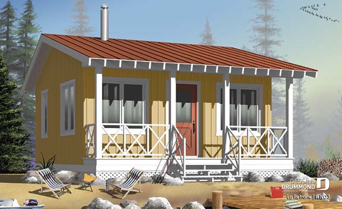 Vue avant - MODÈLE DE BASE - Plan de petit mini chalet économique 1 chambre, grand balcon couvert, à aire ouverte, micro chalet - La Retraite