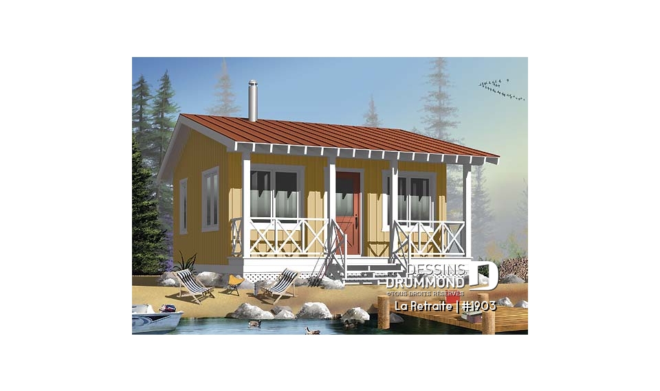 Vue avant - MODÈLE DE BASE - Plan de petit mini chalet économique 1 chambre, grand balcon couvert, à aire ouverte, micro chalet - La Retraite