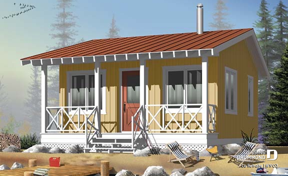 Vue avant - MODÈLE DE BASE - Plan de petit mini chalet économique 1 chambre, grand balcon couvert, à aire ouverte, micro chalet - La Retraite