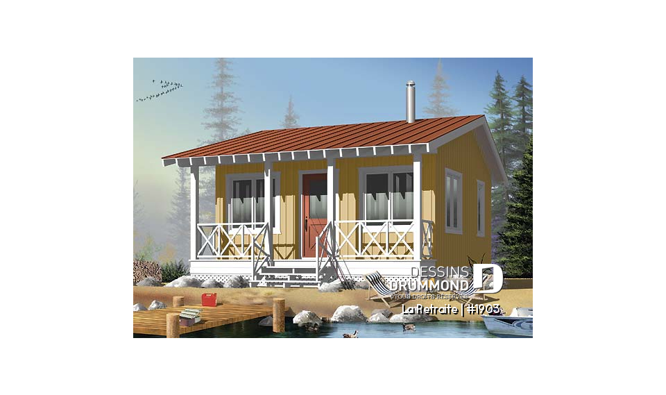 Vue avant - MODÈLE DE BASE - Plan de petit mini chalet économique 1 chambre, grand balcon couvert, à aire ouverte, micro chalet - La Retraite
