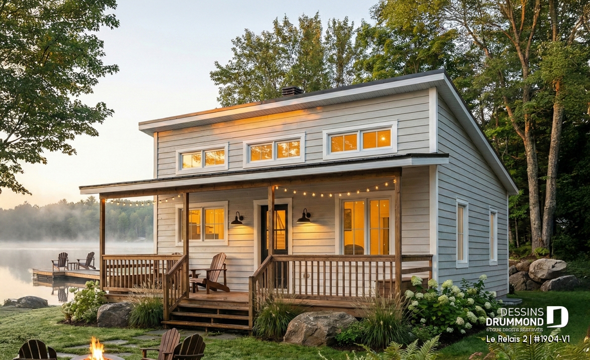 Vue avant - MODÈLE DE BASE - Plan de chalet économique avec sous-sol, balcon couvert, une chambre, poêle à bois, cathédral - Le Relais 2
