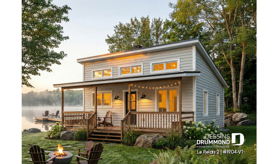 Vue avant - MODÈLE DE BASE - Plan de chalet économique avec sous-sol, balcon couvert, une chambre, poêle à bois, cathédral - Le Relais 2