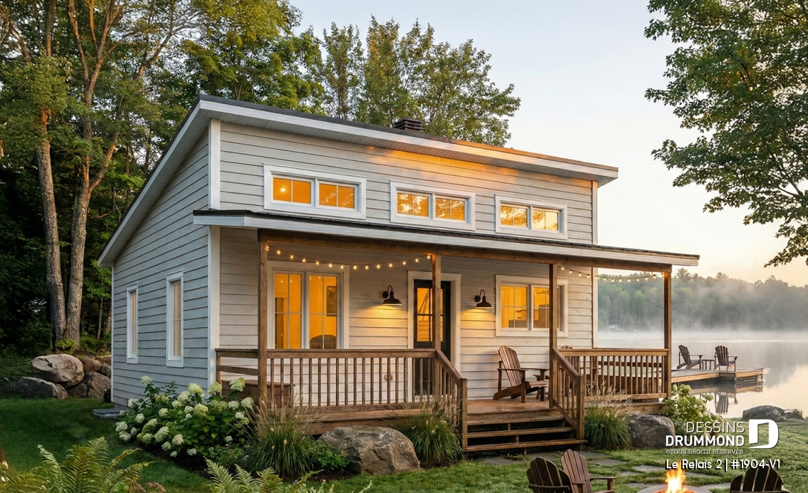 Vue avant - MODÈLE DE BASE - Plan de chalet économique avec sous-sol, balcon couvert, une chambre, poêle à bois, cathédral - Le Relais 2