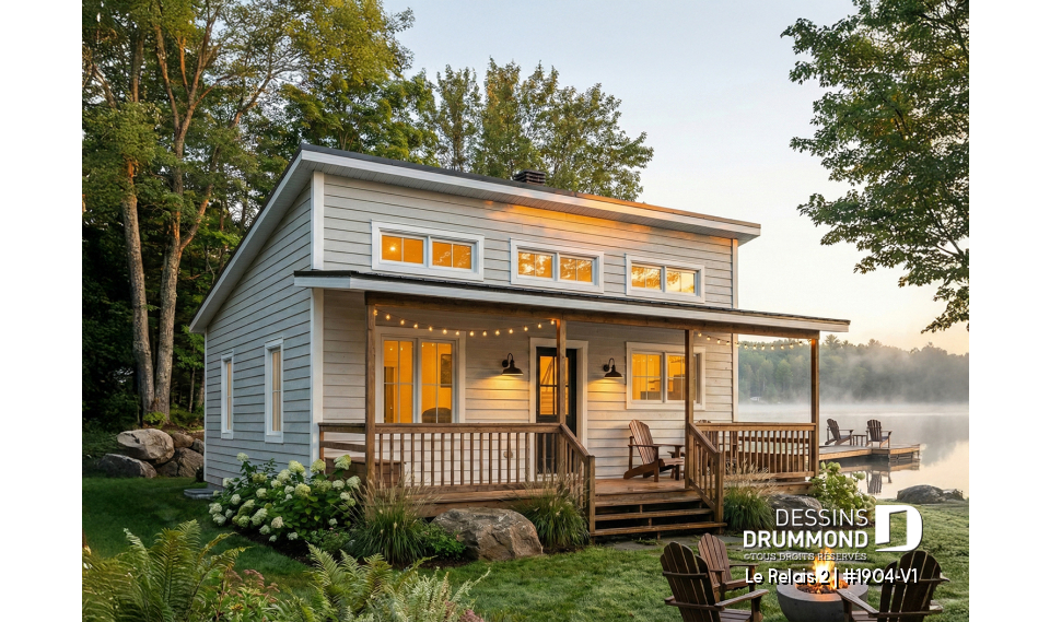 Vue avant - MODÈLE DE BASE - Plan de chalet économique avec sous-sol, balcon couvert, une chambre, poêle à bois, cathédral - Le Relais 2