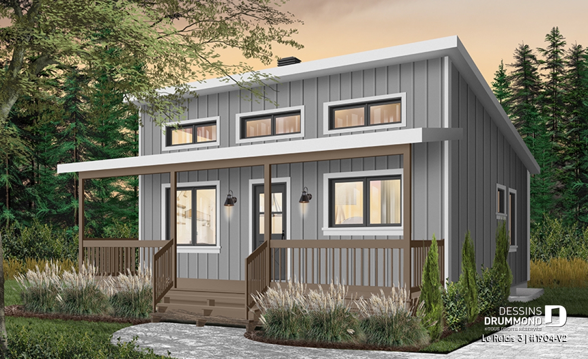 Version couleur no. 1 - Vue avant - Plan de chalet moderne 4 saisons – 2 à 4 chambres, sous-sol modulable et poêle à bois - Le Relais 3