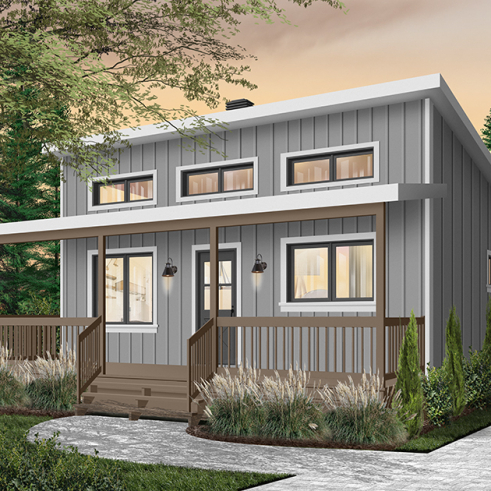 Version couleur no. 1 - Vue avant - Plan de chalet moderne 4 saisons – 2 à 4 chambres, sous-sol modulable et poêle à bois - Le Relais 3