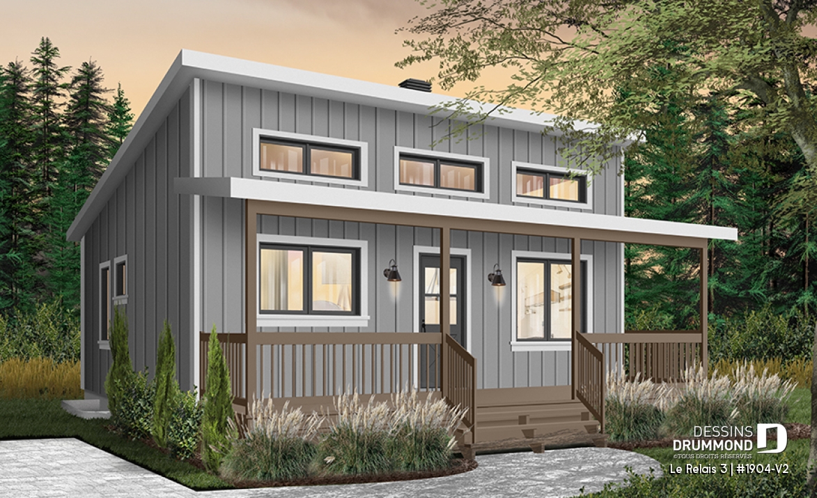 Version couleur no. 1 - Vue avant - Plan de chalet moderne 4 saisons – 2 à 4 chambres, sous-sol modulable et poêle à bois - Le Relais 3