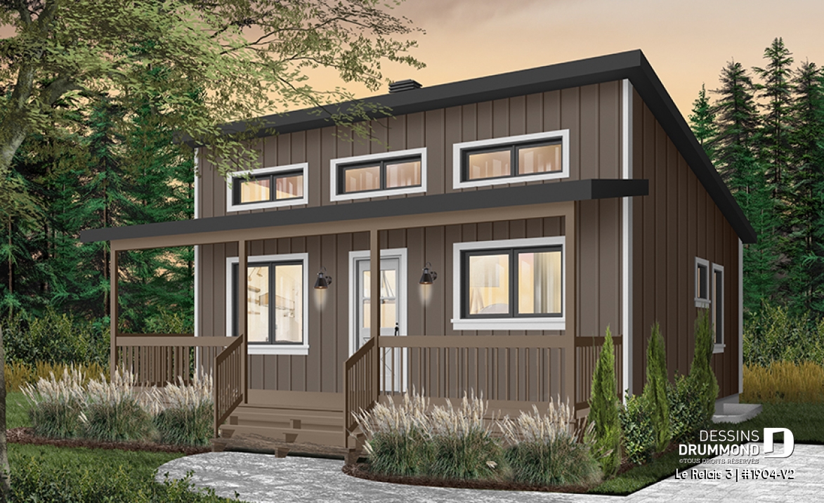 Version couleur no. 7 - Vue avant - Plan de chalet moderne 4 saisons – 2 à 4 chambres, sous-sol modulable et poêle à bois - Le Relais 3