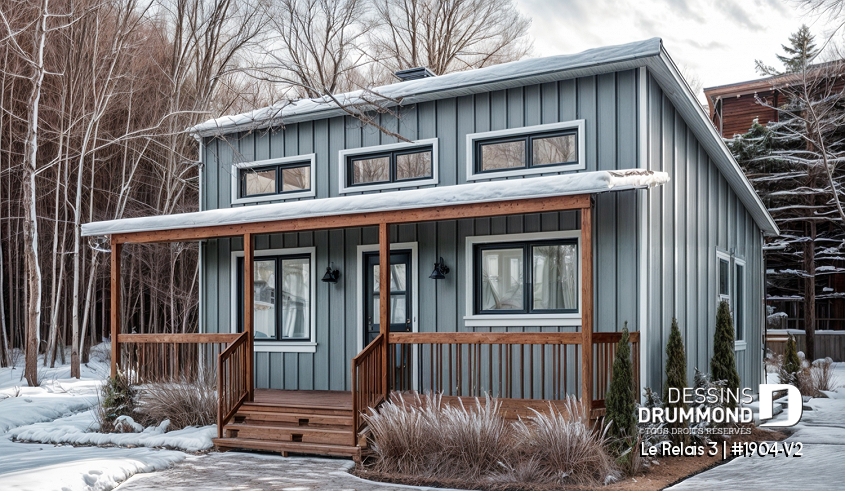 Vue avant - MODÈLE DE BASE - Plan de chalet économique 2 chambres avec sous-sol, petit chalet, galerie couverte, plafond en pente - Le Relais 3