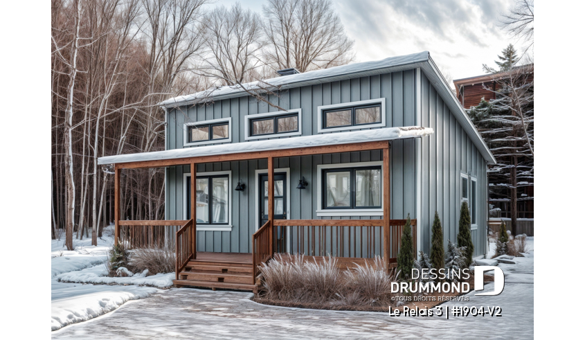 Vue avant - MODÈLE DE BASE - Plan de chalet économique 2 chambres avec sous-sol, petit chalet, galerie couverte, plafond en pente - Le Relais 3