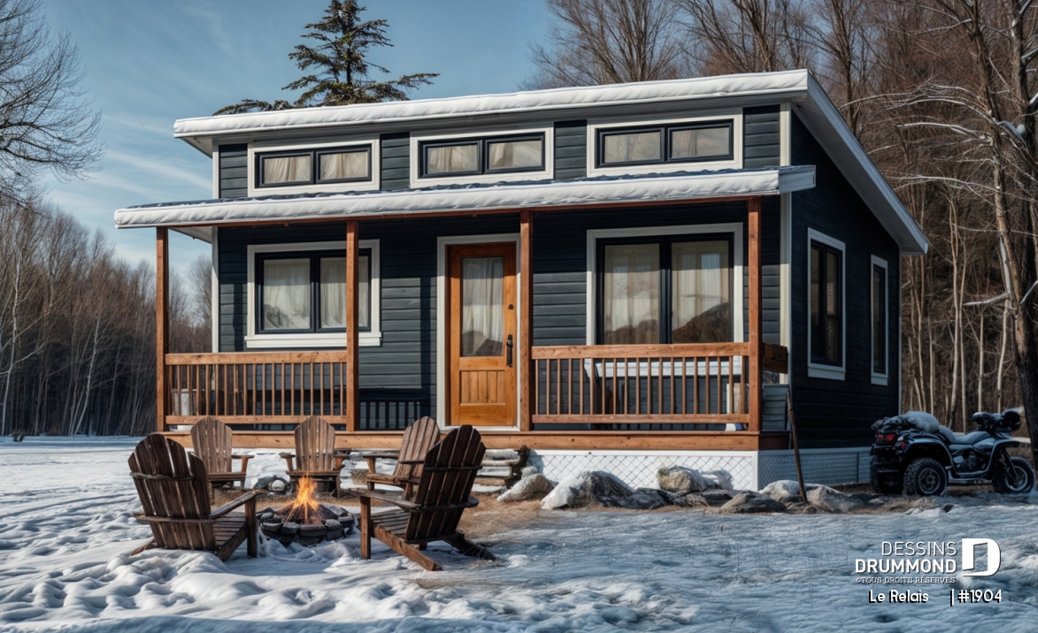 Vue avant - MODÈLE DE BASE - Plan de petit chalet ou mini maison 2 chambres, options 3 et 4-saisons incl., poêle à bois, prix économique - Le Relais    