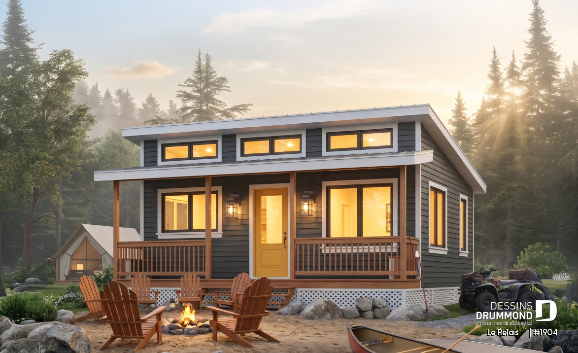 Vue avant - MODÈLE DE BASE - Plan de petit chalet ou mini maison 2 chambres, options 3 et 4-saisons incl., poêle à bois, prix économique - Le Relais    