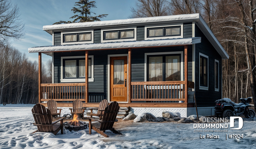 Vue avant - MODÈLE DE BASE - Plan de petit chalet ou mini maison 2 chambres, options 3 et 4-saisons incl., poêle à bois, prix économique - Le Relais    