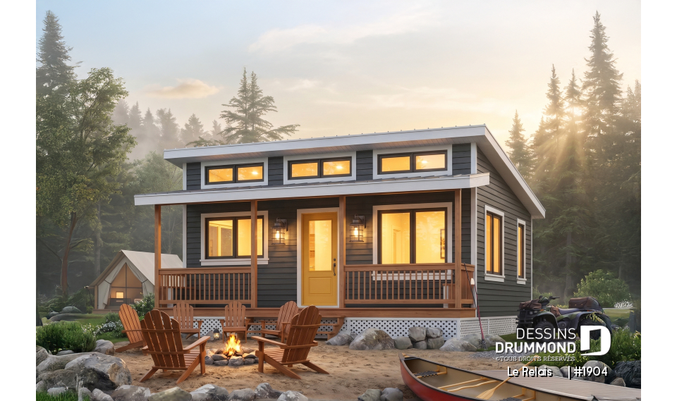 Vue avant - MODÈLE DE BASE - Plan de petit chalet ou mini maison 2 chambres, options 3 et 4-saisons incl., poêle à bois, prix économique - Le Relais    