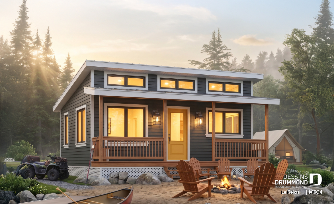 Vue avant - MODÈLE DE BASE - Plan de petit chalet ou mini maison 2 chambres, options 3 et 4-saisons incl., poêle à bois, prix économique - Le Relais    