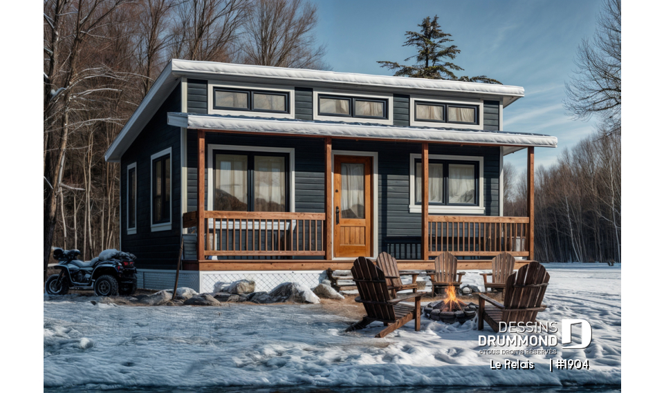 Vue avant - MODÈLE DE BASE - Plan de petit chalet ou mini maison 2 chambres, options 3 et 4-saisons incl., poêle à bois, prix économique - Le Relais    