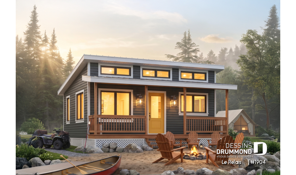 Vue avant - MODÈLE DE BASE - Plan de petit chalet ou mini maison 2 chambres, options 3 et 4-saisons incl., poêle à bois, prix économique - Le Relais    