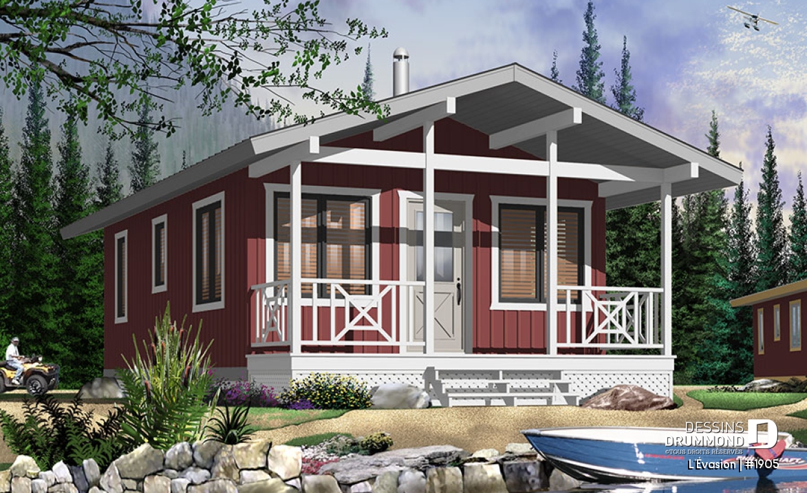 Version couleur no. 3 - Vue avant - Plan de petit chalet 2 chambres, options isolée et non-isolées incluses, poêle à bois, balcon couvert - L'Évasion
