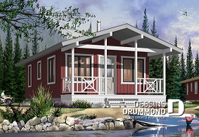 Version couleur no. 3 - Vue avant - Plan de petit chalet 2 chambres, options isolée et non-isolées incluses, poêle à bois, balcon couvert - L'Évasion