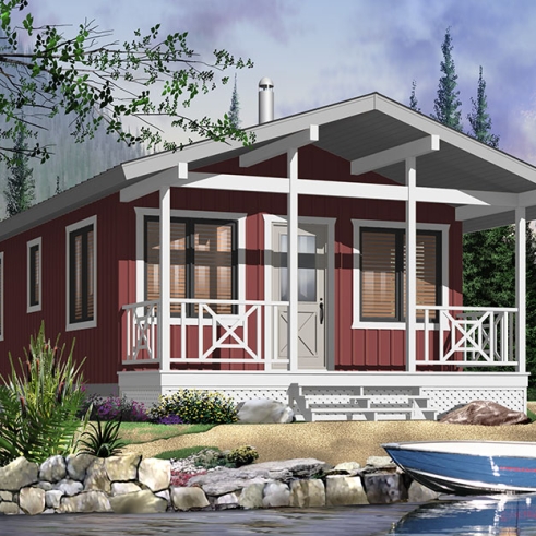 Version couleur no. 3 - Vue avant - Plan de petit chalet 2 chambres, options isolée et non-isolées incluses, poêle à bois, balcon couvert - L'Évasion