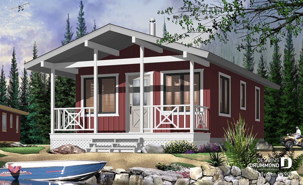 Version couleur no. 3 - Vue avant - Plan de petit chalet 2 chambres, options isolée et non-isolées incluses, poêle à bois, balcon couvert - L'Évasion