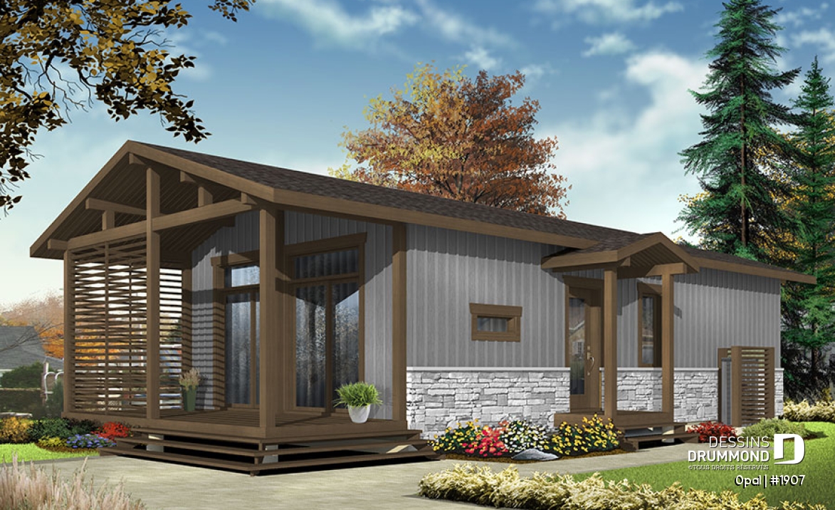 Version couleur no. 3 - Vue avant - Plan de petit plain-pied moderne rustique, 2+ chambres, abordable, grand balcon couvert - Opal