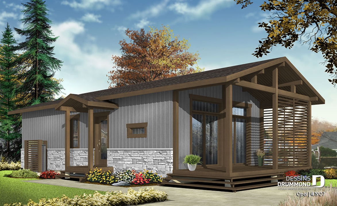 Version couleur no. 3 - Vue avant - Plan de petit plain-pied moderne rustique, 2+ chambres, abordable, grand balcon couvert - Opal