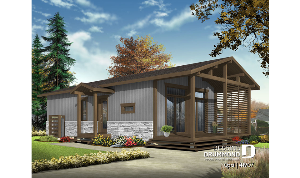 Version couleur no. 3 - Vue avant - Plan de petit plain-pied moderne rustique, 2+ chambres, abordable, grand balcon couvert - Opal