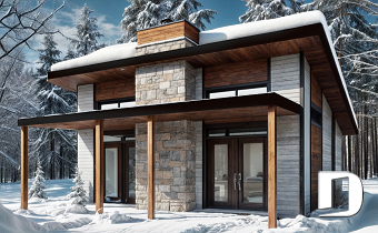 Vue arrière - MODÈLE DE BASE - Maison contemporaine ou chalet moderne à bon prix, 2 chambres, buanderie, air ouverte avec foyer, grand balcon - Bonzai