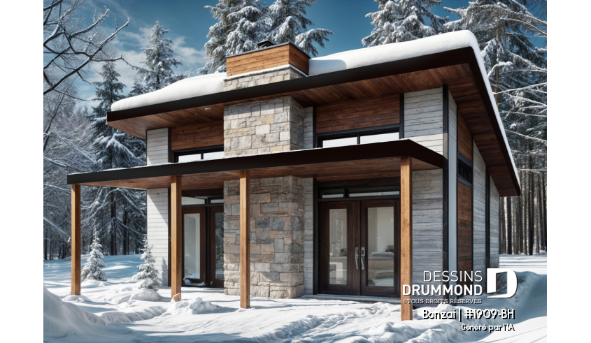 Vue arrière - MODÈLE DE BASE - Maison contemporaine ou chalet moderne à bon prix, 2 chambres, buanderie, air ouverte avec foyer, grand balcon - Bonzai