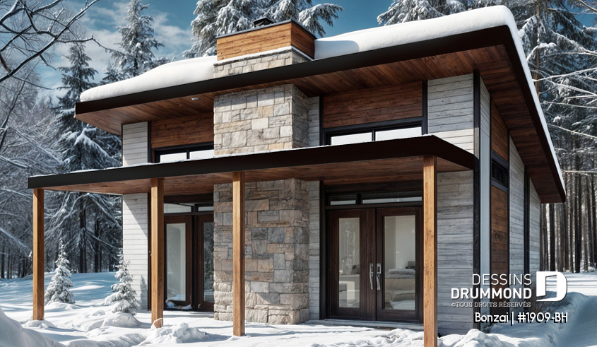 Vue arrière - MODÈLE DE BASE - Maison contemporaine ou chalet moderne à bon prix, 2 chambres, buanderie, air ouverte avec foyer, grand balcon - Bonzai