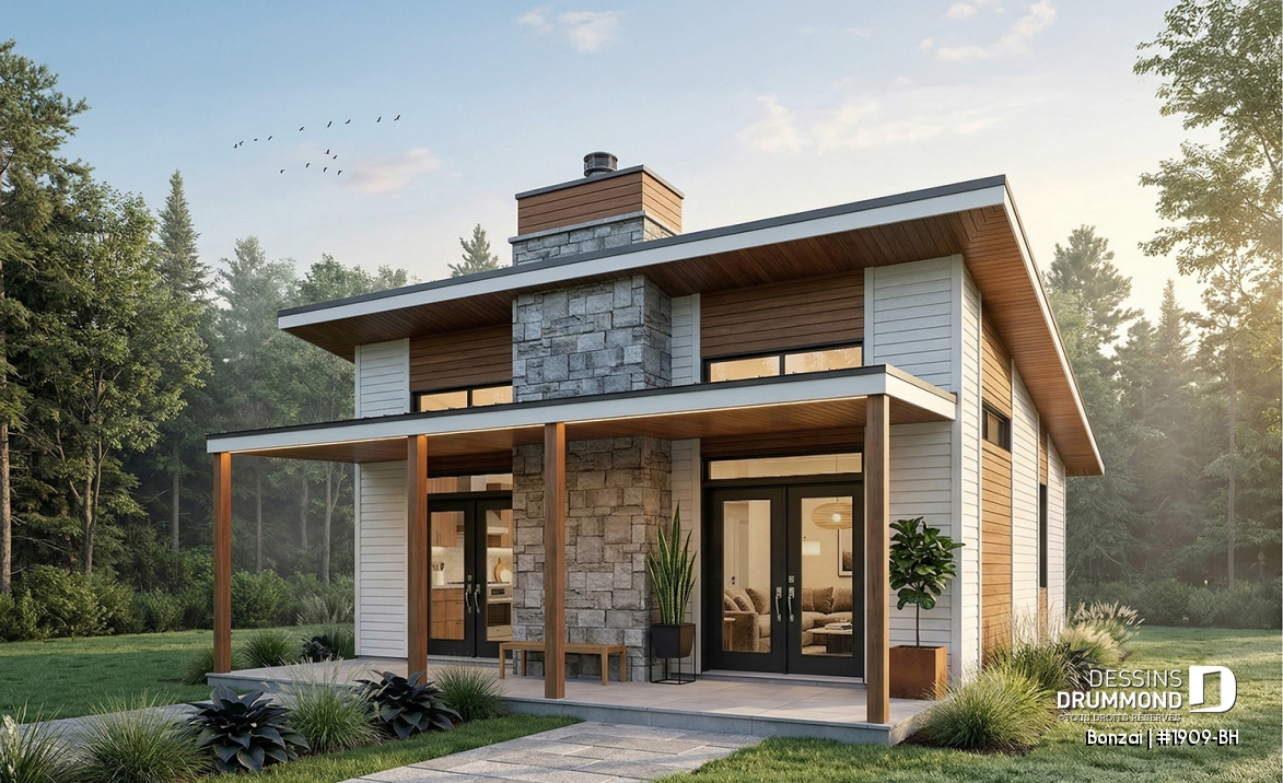 Vue avant - MODÈLE DE BASE - Modèle de petite maison moderne ou chalet moderne, joli balcon abrité, 2 chambres, foyer central, air ouverte - Bonzai