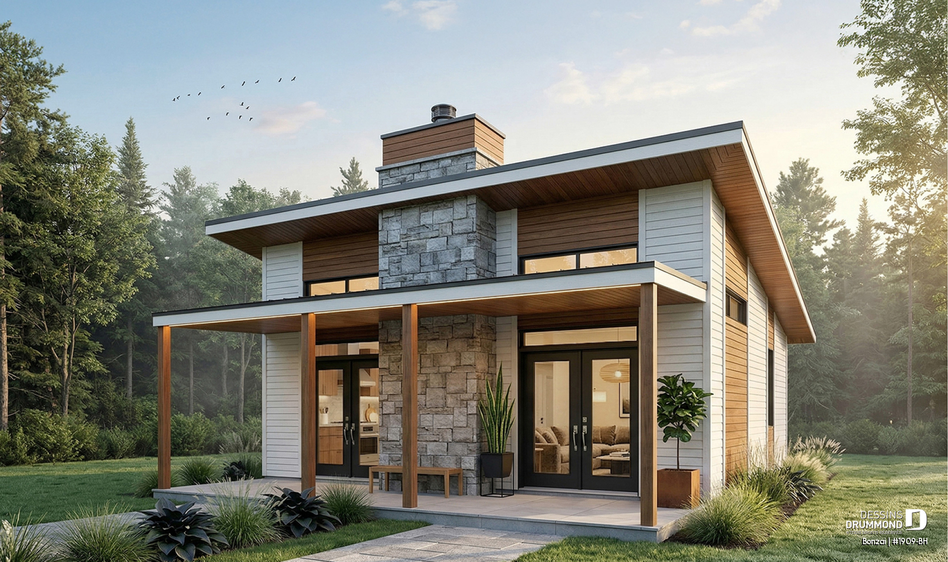 Vue avant - MODÈLE DE BASE - Modèle de petite maison moderne ou chalet moderne, joli balcon abrité, 2 chambres, foyer central, air ouverte - Bonzai