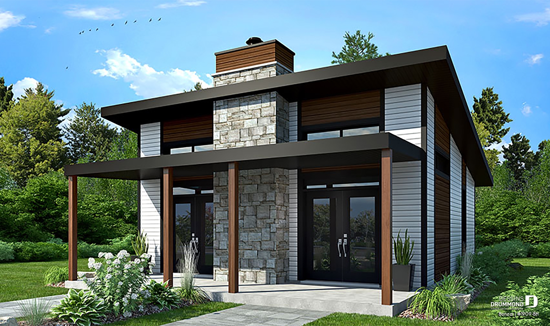 Vue avant - MODÈLE DE BASE - Modèle de petite maison moderne ou chalet moderne, joli balcon abrité, 2 chambres, foyer central, air ouverte - Bonzai