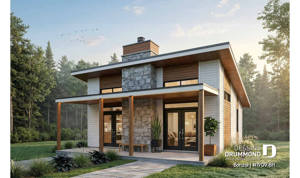 Vue avant - MODÈLE DE BASE - Modèle de petite maison moderne ou chalet moderne, joli balcon abrité, 2 chambres, foyer central, air ouverte - Bonzai