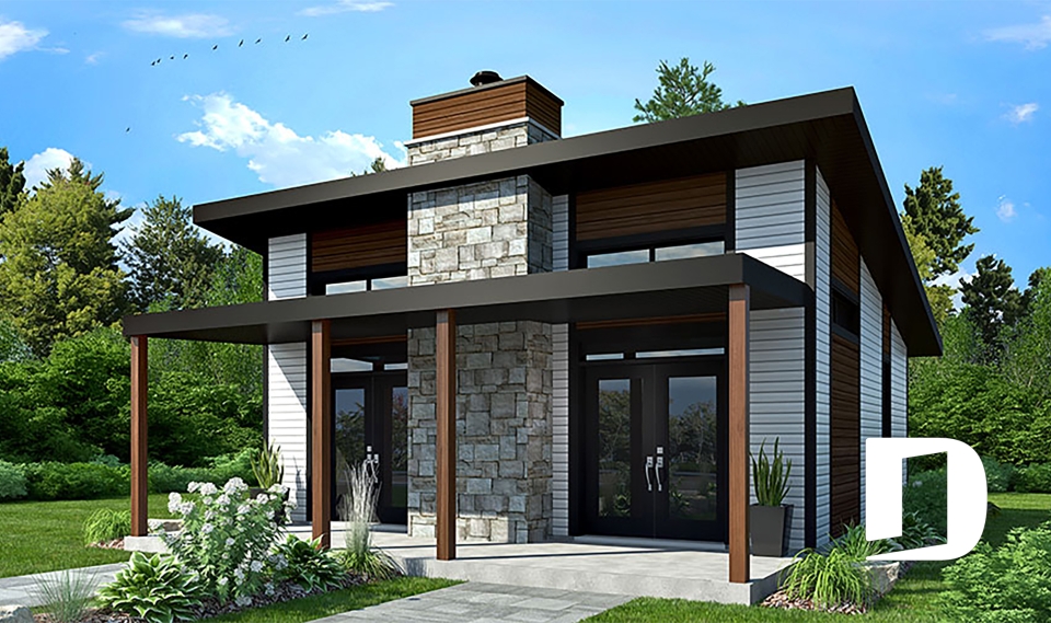 Vue avant - MODÈLE DE BASE - Modèle de petite maison moderne ou chalet moderne, joli balcon abrité, 2 chambres, foyer central, air ouverte - Bonzai