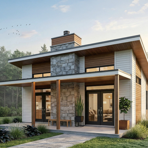 Vue avant - MODÈLE DE BASE - Modèle de petite maison moderne ou chalet moderne, joli balcon abrité, 2 chambres, foyer central, air ouverte - Bonzai