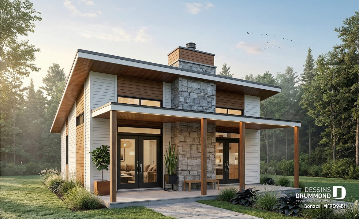 Vue avant - MODÈLE DE BASE - Modèle de petite maison moderne ou chalet moderne, joli balcon abrité, 2 chambres, foyer central, air ouverte - Bonzai