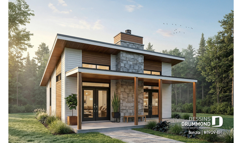 Vue avant - MODÈLE DE BASE - Modèle de petite maison moderne ou chalet moderne, joli balcon abrité, 2 chambres, foyer central, air ouverte - Bonzai