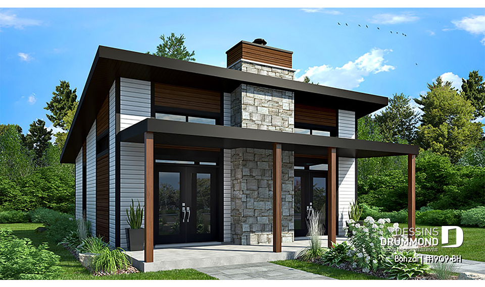 Vue avant - MODÈLE DE BASE - Modèle de petite maison moderne ou chalet moderne, joli balcon abrité, 2 chambres, foyer central, air ouverte - Bonzai